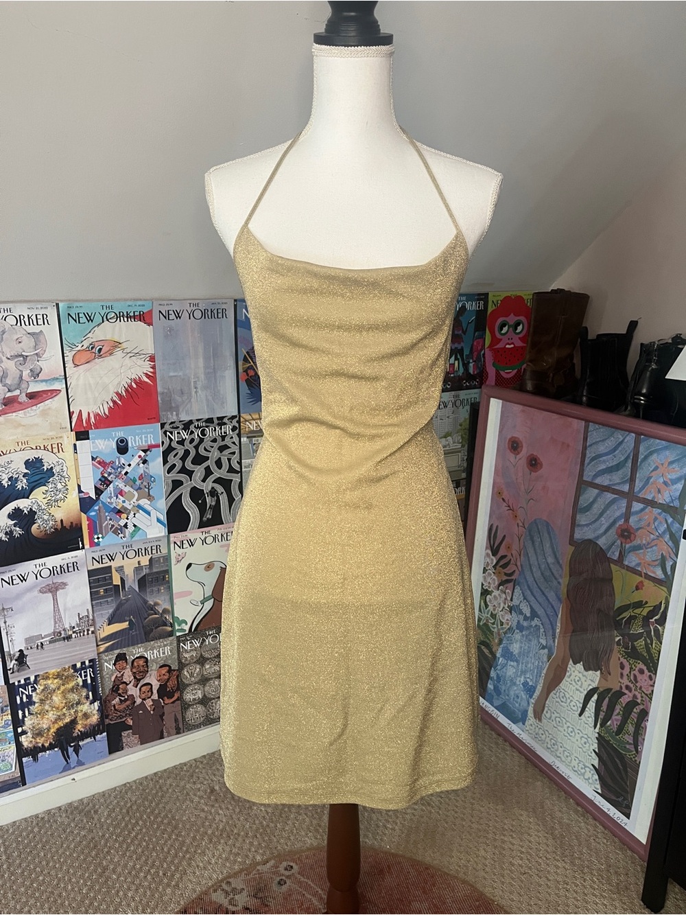 VTG Y2K Express Gold Halter Mini Dress w Shelf Bra
